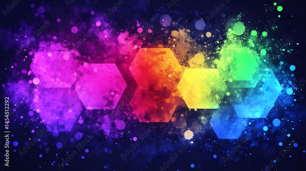 Poster colorful hexagonal shapes with vibrant splashes of paint on a dark background, creating an abstract 