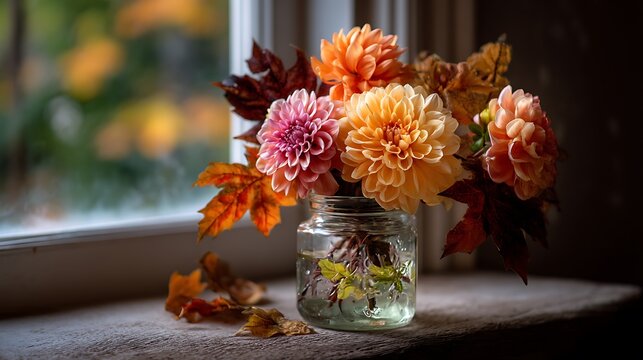 Autumn flowers and foliage in a glass mason jar