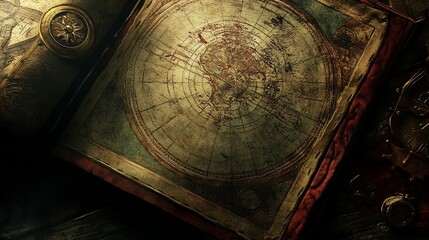 Naklejka premium Vintage expedition map with antique compass, suggesting exploration and history