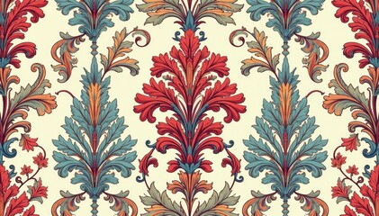 Elegant floral damask pattern, intricate swirls & leaves, repeat, surface, home