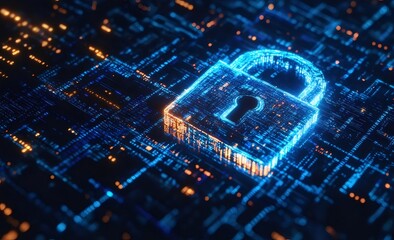 青とオレンジのデジタルロックセキュリティコンセプトネットワークデータ保護