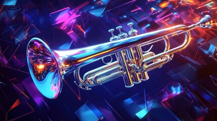 Shiny trumpet in vibrant neon colors.  Abstract geometric background