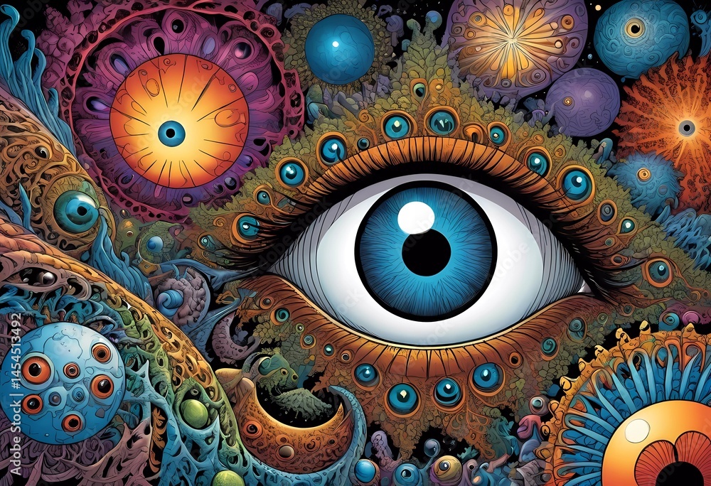Poster a mesmerizing eye dominates the composition, surrounded by a kaleidoscope of vibrant celestial orbs 