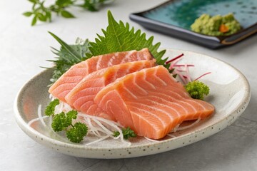 Fresh Salmon Sashimi Served on a Plate With Greens Generative AI