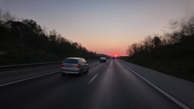 Hyperlapse driving to Constanta on A2 highway during full sunrise over the horizon