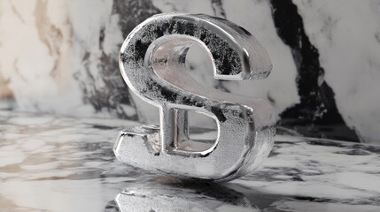 A shiny metallic letter 'S' on a marble surface, showcasing design and texture.