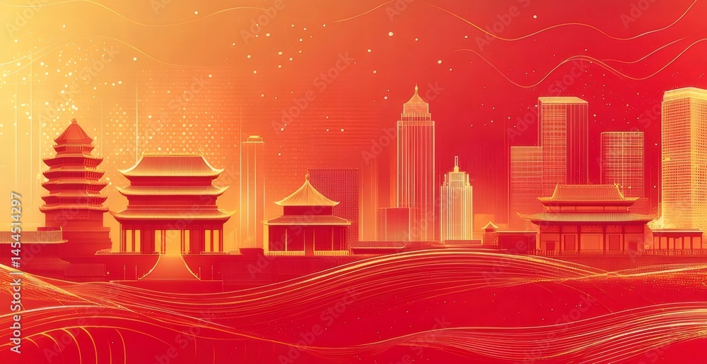 Poster 黄金色と赤色の中国風都市景観デジタルアート 高層ビルと伝統建築が並ぶ夜景