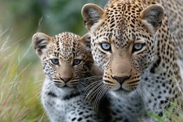 Fototapeta premium Wide shot of a leopard and its cub walking through the grass
