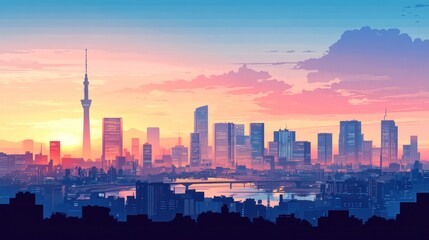 Fototapeta premium Panoramic cityscape at sunrise