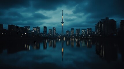 City skyline reflected in tranquil water at dawn