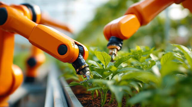 Advanced robotic arms in modern smart greenhouse automating plant care, agricultural technology innovation, sustainable farming with AI precision agriculture and green energy environment
