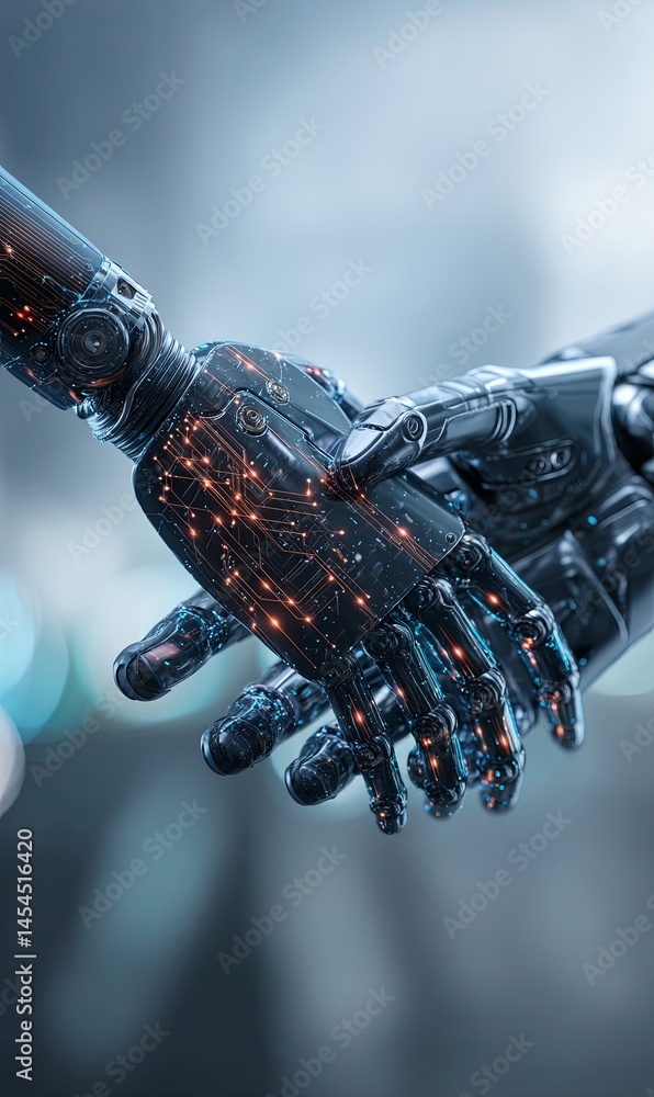 Poster robots engaging in a handshake symbolizing collaboration and innovation