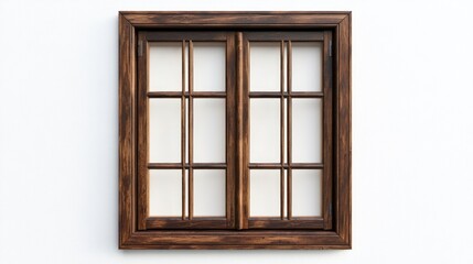 Obraz premium A wooden window frame with a grid pattern, set against a white wall.