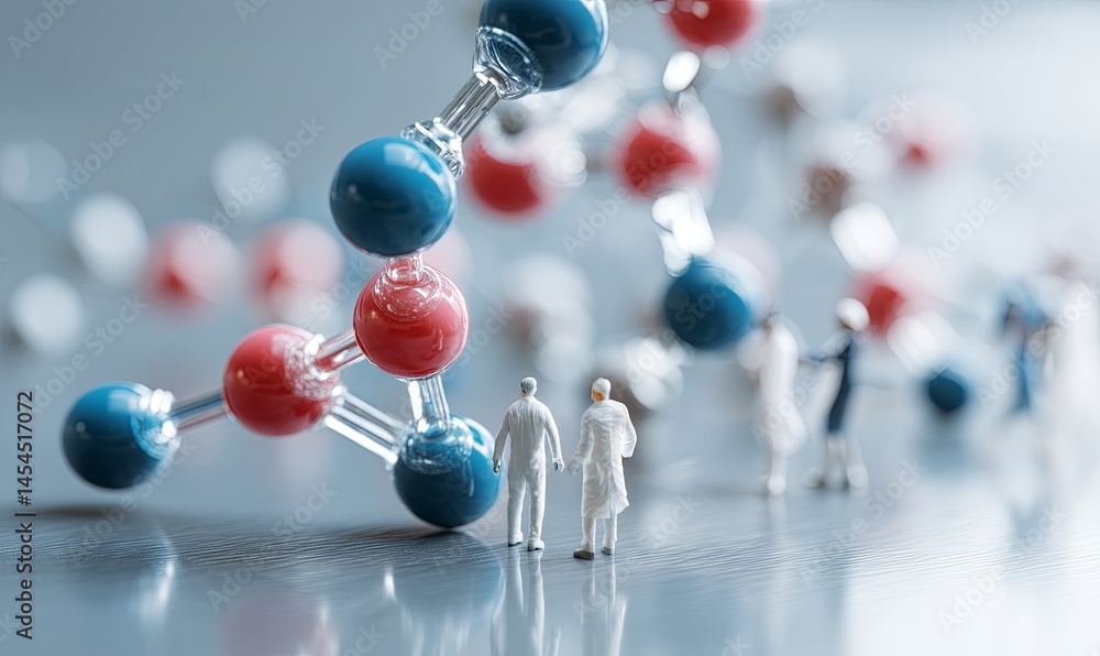 Poster miniature scientists examine molecular structure in laboratory setting