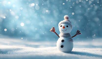 Fototapeta premium Joyful Snowman in Snowy Winter Wonderland Scene with Soft Blue Bokeh Background
