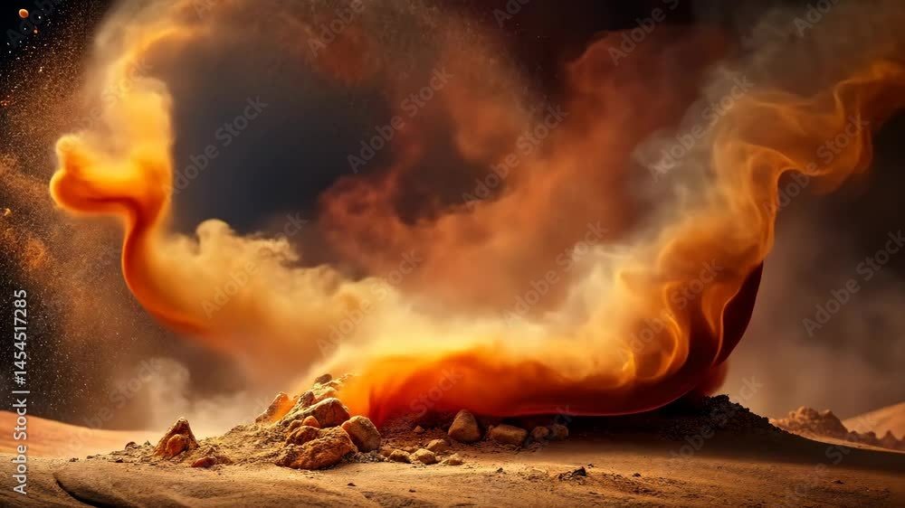 Poster swirling orange dust and smoke rise from a pile of rocks in this abstract visual effect.