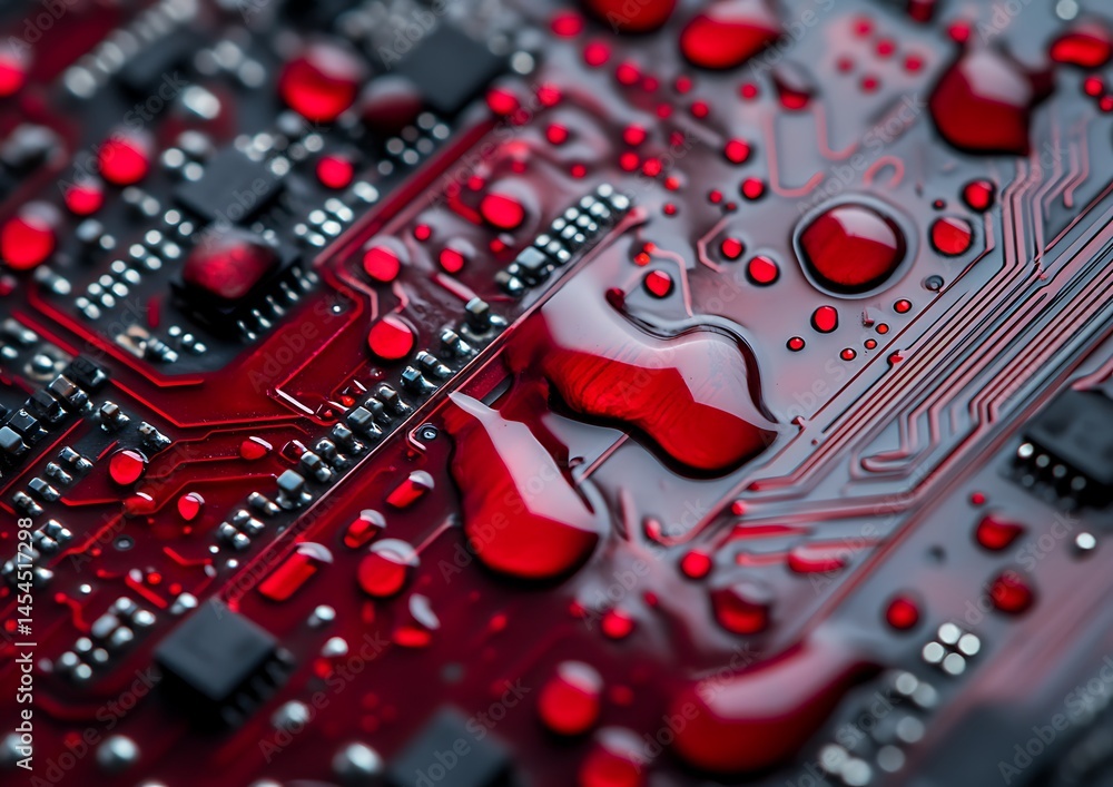 Poster close-up view of a red circuit board with droplets, showcasing intricate details and textures