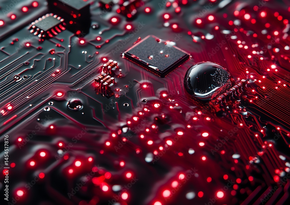 Poster close-up view of a circuit board with intricate red circuitry and droplets, showcasing technology in