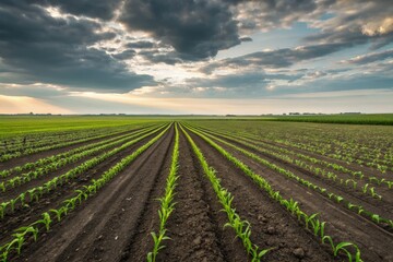 Rows of Emerging Crops in Newly Planted Field at Sunset Generative AI