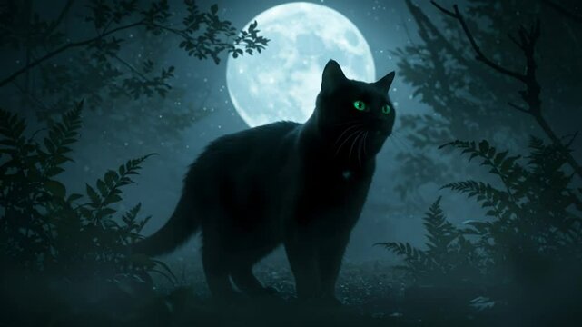 Black cat silhouette under full moon in misty forest