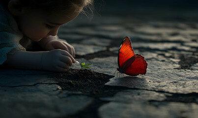 Child planting a seed near a butterfly