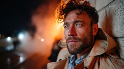 Obraz premium Young Man with Intense Expression Resting Against Brick Wall Near Fire at Night