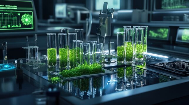 Laboratory scene with green plant samples in glassware, showcasing scientific research.