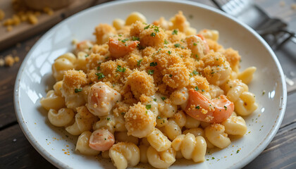 Lobster mac and cheese in a white ramekin, topped with toasted breadcrumbs and melted cheese, ultra-rich and indulgent look