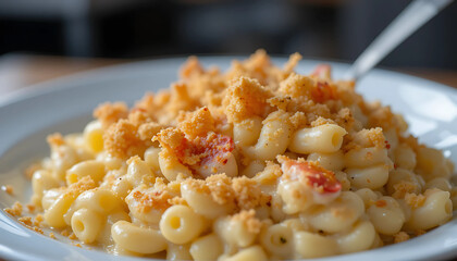 Close-up of creamy mac and cheese loaded with lobster chunks, golden topping, comfort gourmet food at its finest, detailed capture