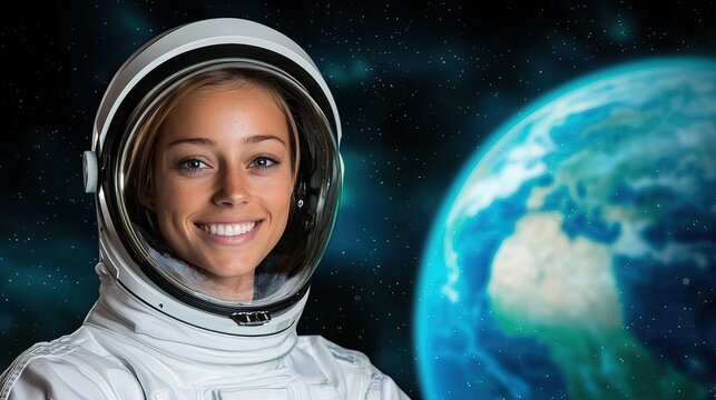 Smiling astronaut woman in spacesuit looking at the Earth.