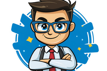 Adorable Happy Boy Cartoon Businessman in Suit Blue Background