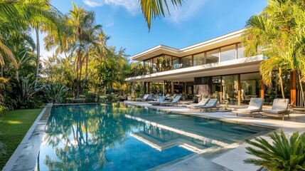 Fototapeta premium Tropical luxury home exterior with reflection in turquoise swimming pool