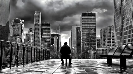 Monochrome cityscape view featuring a solitary figure.