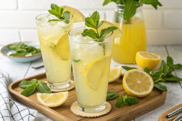 Refreshing Summer Lemonade With Mint and Lemon on a Sunny Day Generative AI