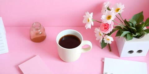 Serene Morning Brew: A delicate cup of coffee rests gently on a backdrop of gentle pink hue, juxtaposed with a bouquet of fresh blooms, evoking a sense of tranquility.