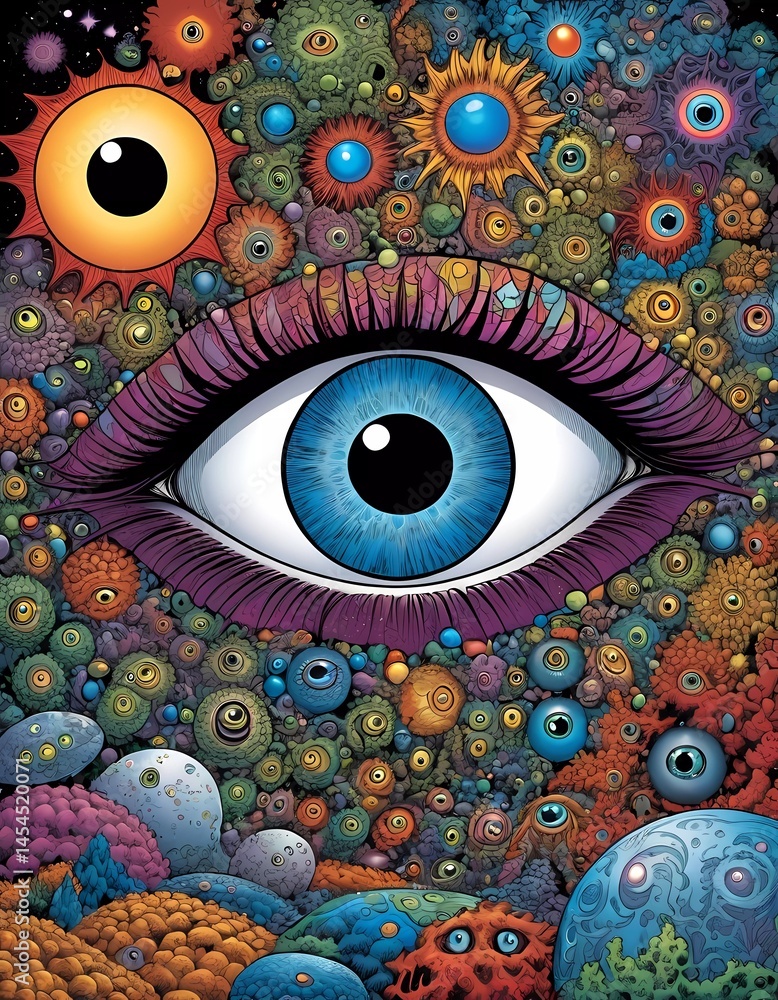 Poster a striking blue eye takes center stage amidst a swirling universe of imaginative colors and shapes, 