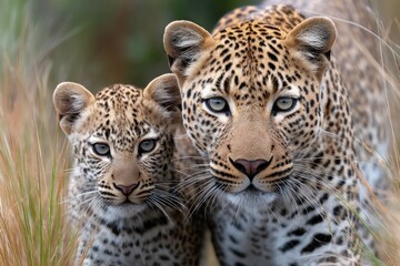 Fototapeta premium A mother leopard and her cub walk through the grasslands of Africa