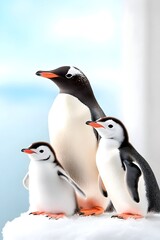Fototapeta premium A gentoo penguin family; adult and two chicks on snow, ocean backdrop