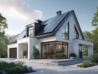 modern house facade with sleek black solar panels integrated into the roof