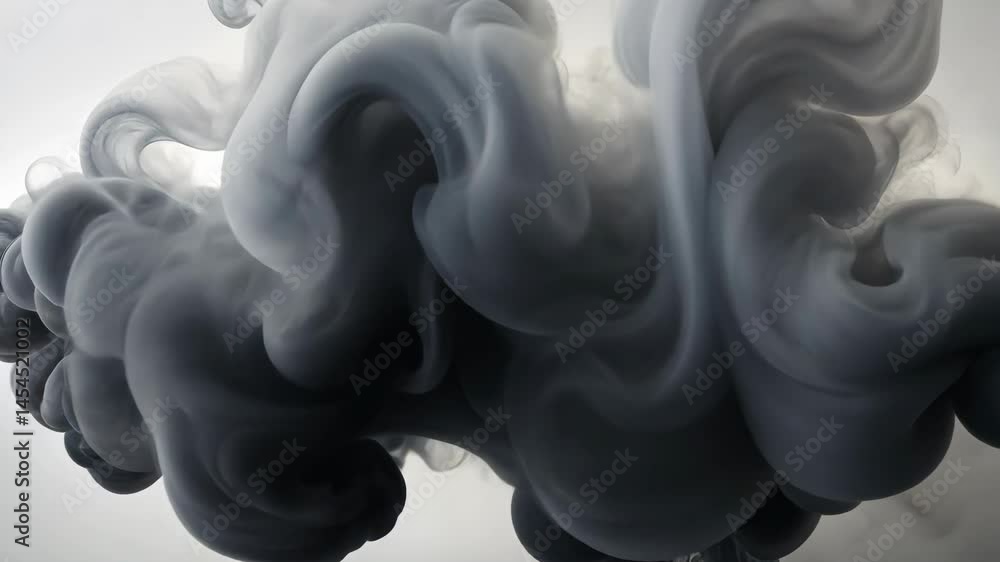 Poster dark gray ink cloud dissolves and swirls in slow motion on a white background.