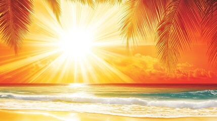 Vibrant sunset scene over tropical beach.