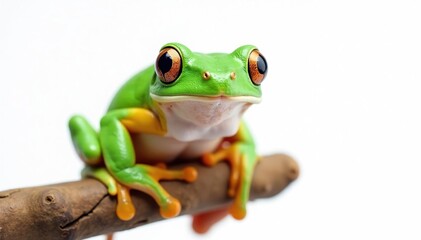Green tree frog perched on white, vibrant skin, color, animal photography