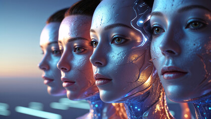 Futuristic portraits of artificial humanoids with cybernetic enhancements in a technological scene