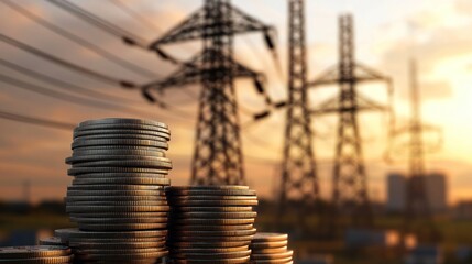 Stacked coins in front of high voltage power lines at sunset.