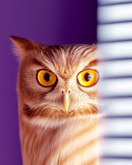 A watchful owl peers from behind blinds, its bright yellow eyes captivating against a vibrant purple backdrop