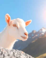 Obraz premium A white goat rests on a rock, gazing towards sunlit mountains