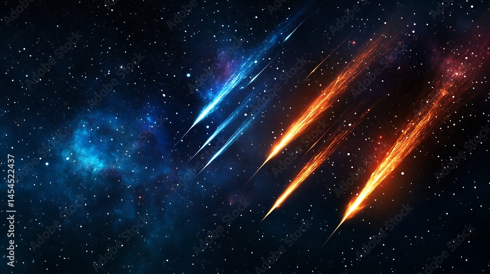 Poster dynamic meteor shower illuminating a cosmic scene with vibrant colors and starry background