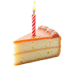 Slice of Birthday Cake with a Candle on Transparent Background
