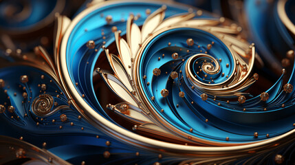 Seamless 3D Fibonacci spiral swirl pattern with golden fractals and blue crystal accents for digital art.


