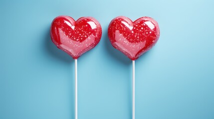 Two red heart-shaped balloons on a blue background